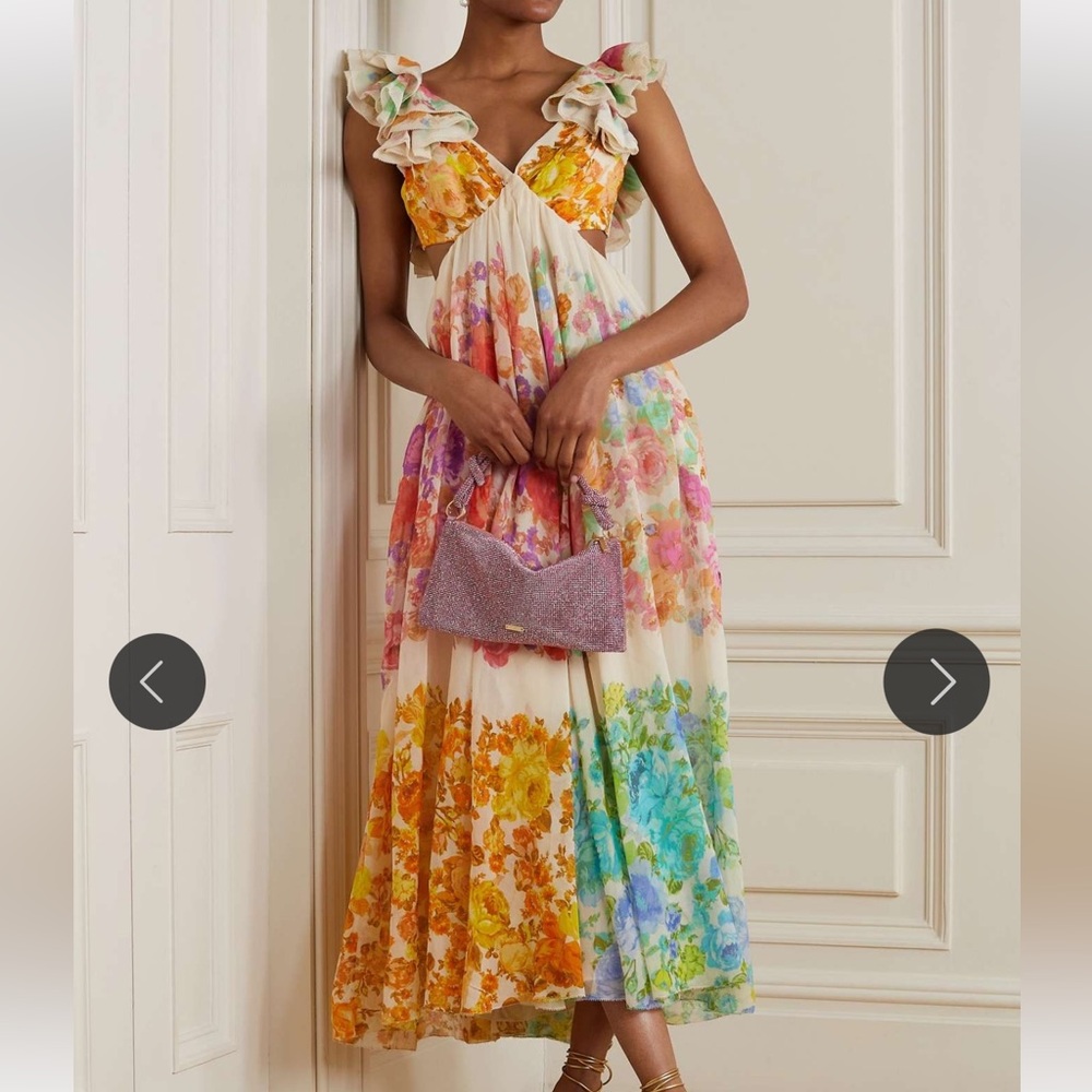 Zimmermann Floral Ruffle-Shoulder Midi Dress in Cream Multi